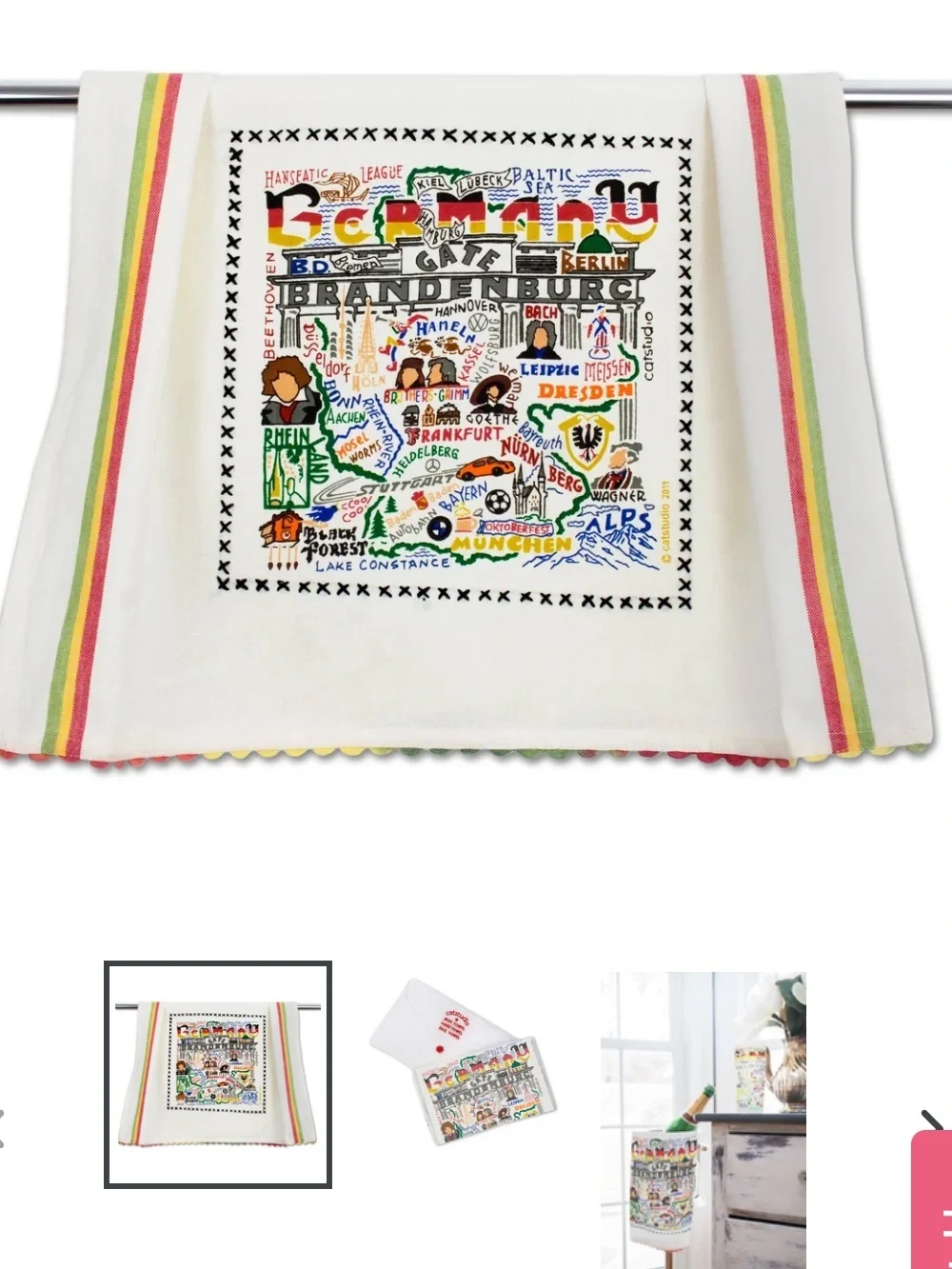 Germany Tea Towel Catstudio with Rickrack Trim. Cotton. Machine Wash.